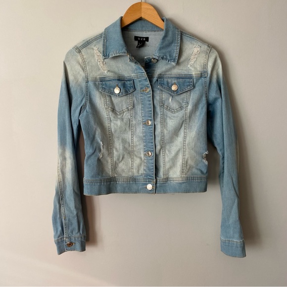 U2B light wash distressed stretch crop denim jean jacket - Small - Picture 15 of 16